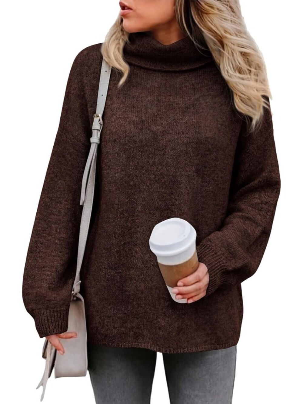 🆕 Women's Brown Oversized Turtleneck Chunky Knit Warm Winter Tunic Sweater